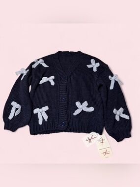 Navy Cardigan with Light Blue Bow Appliqués